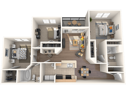 Floor plan for 3 beds, 2 baths, 1365 sqft
